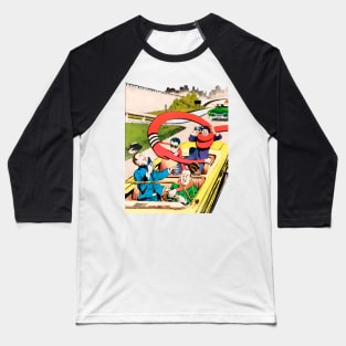 flexible and elastic superhero capturing evildoers retro vintage comic Baseball T-Shirt